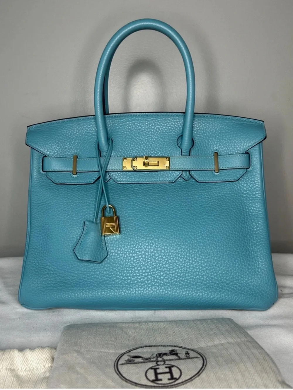 HERMES Birkin 30 Bleu Atoll Clemence Leather Gold Hardware Handbag